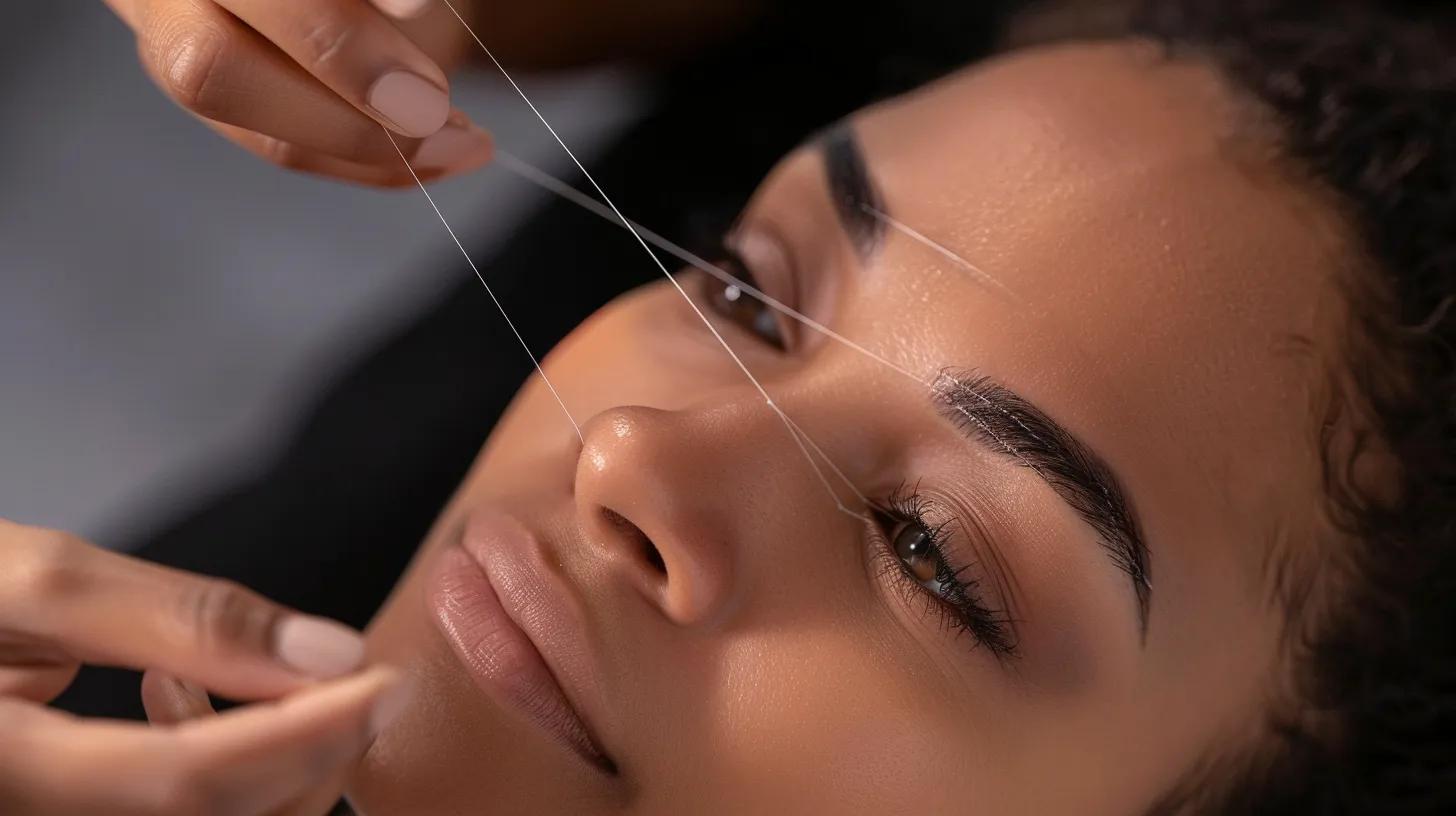 a close-up view of a sleek beauty salon interior, featuring a professional aesthetician gracefully demonstrating brow threading on a client in a stylish, well-lit setting, emphasizing the contrast between threading and tweezing methods.