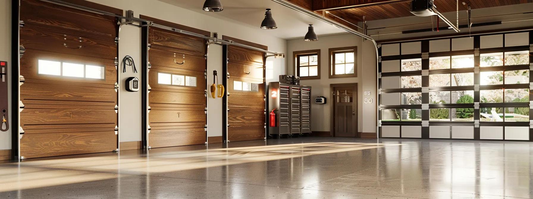 a close-up view of various garage door styles displayed in a well-lit, modern residential garage, highlighting their unique designs and features, with visible tools and repair materials arranged neatly nearby to emphasize maintenance and repair readiness. a close-up view of various garage door styles displayed in a well-lit, modern residential garage, highlighting their unique designs and features, with visible tools and repair materials arranged neatly nearby to emphasize maintenance and repair readiness.