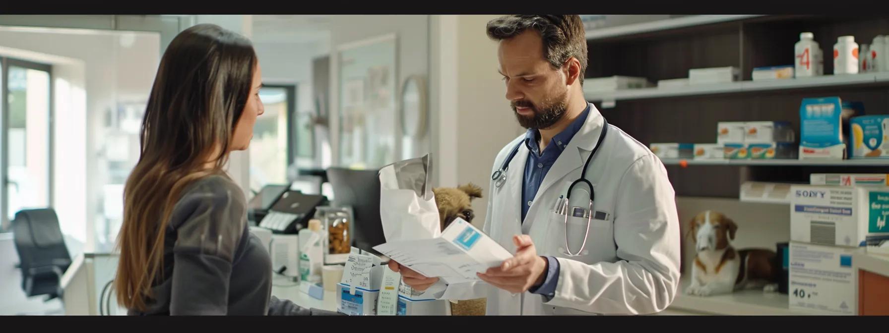 a close-up shot of a sleek, modern veterinary clinic exam room, featuring an attentive veterinarian discussing a chart with a concerned pet owner, while a large, open bag of wet dog food with a visible ingredient list remains prominently displayed on the clean countertop. a close-up shot of a sleek, modern veterinary clinic exam room, featuring an attentive veterinarian discussing a chart with a concerned pet owner, while a large, open bag of wet dog food with a visible ingredient list remains prominently displayed on the clean countertop.
