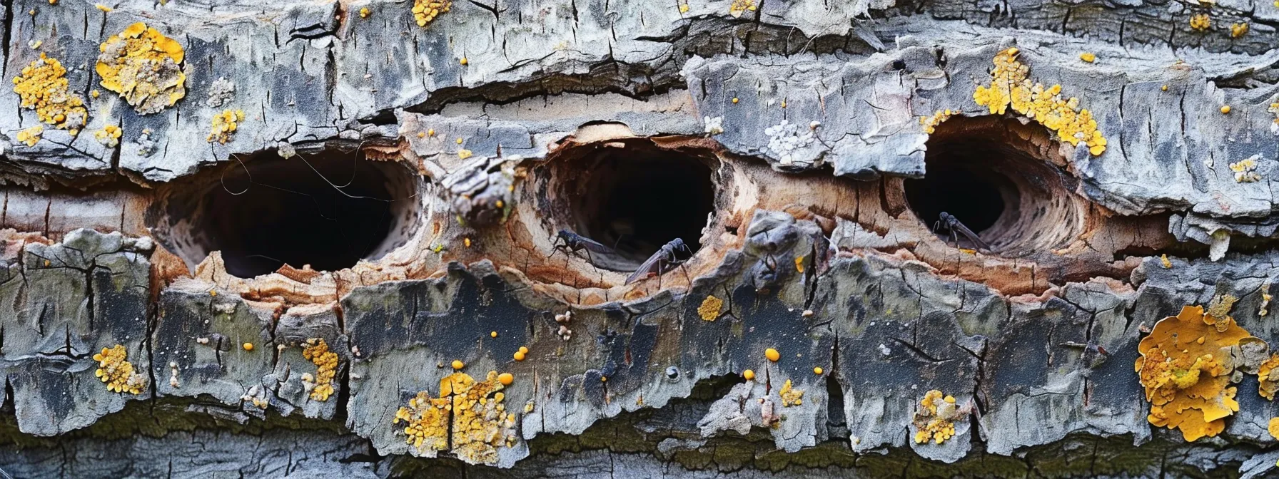 a close-up view of a distressed tree trunk in an urban environment, featuring deep holes and tunnels in the bark, alongside visible harmful insects on the leaves and signs of powdery mildew, highlighting the urgent need for professional pest diagnosis and treatment.