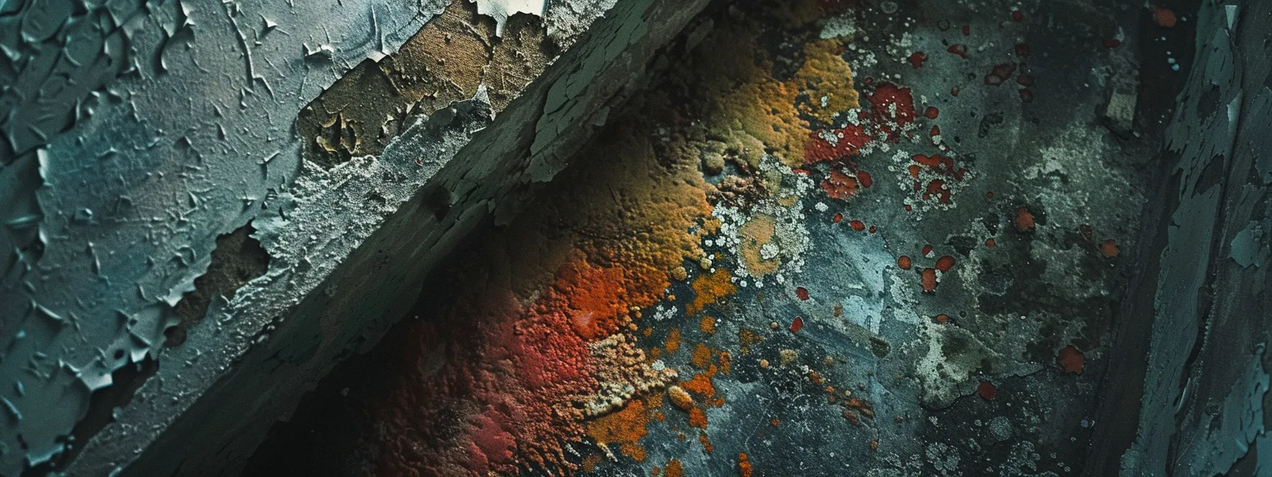 a close-up of a modern, dimly lit basement corner reveals various types of colorful mold growth on the walls and floor, showcasing the distinctive textures and patterns against the stark concrete backdrop.