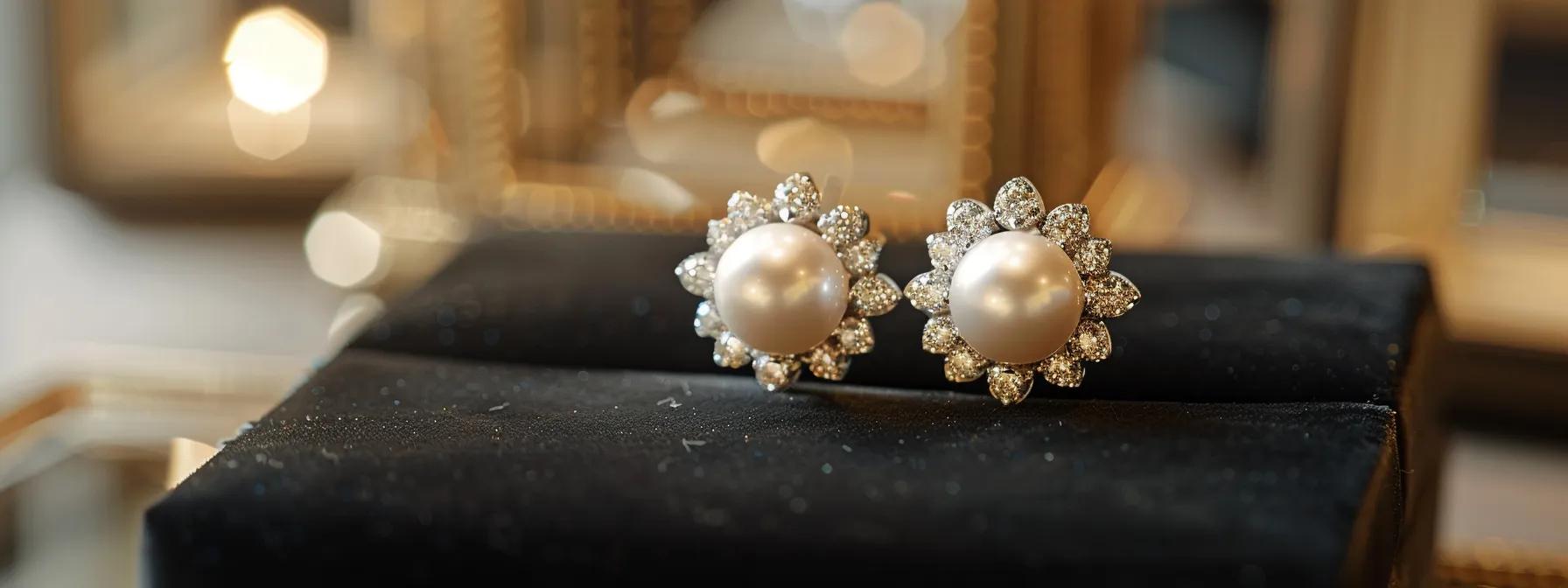 a close-up shot of a luxurious pearl bridal earring, meticulously crafted and displayed on a stylish black velvet cushion in an elegant, well-lit boutique setting, showcasing the exquisite craftsmanship and sophisticated design ideal for contemporary brides. a close-up shot of a luxurious pearl bridal earring, meticulously crafted and displayed on a stylish black velvet cushion in an elegant, well-lit boutique setting, showcasing the exquisite craftsmanship and sophisticated design ideal for contemporary brides.