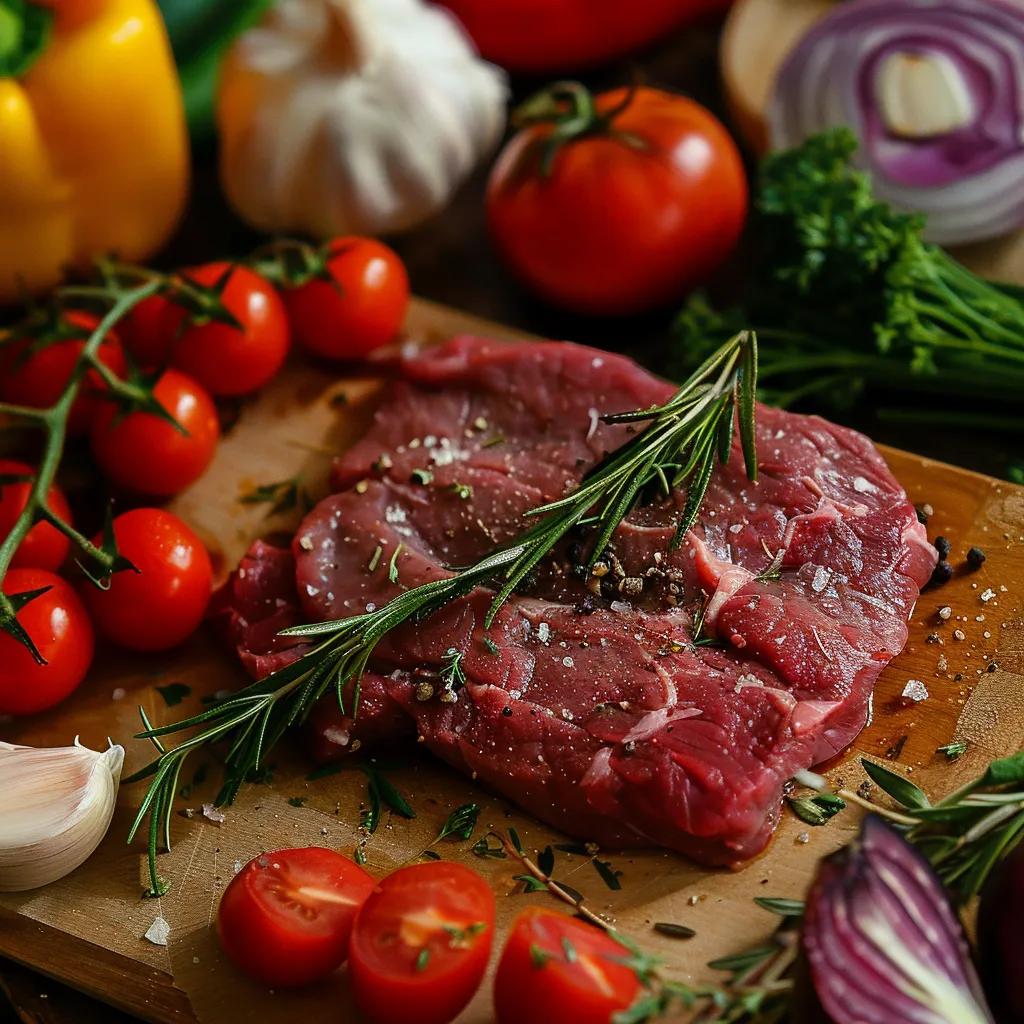 Close-up of grass-fed beef cut with colorful vegetables and herbs