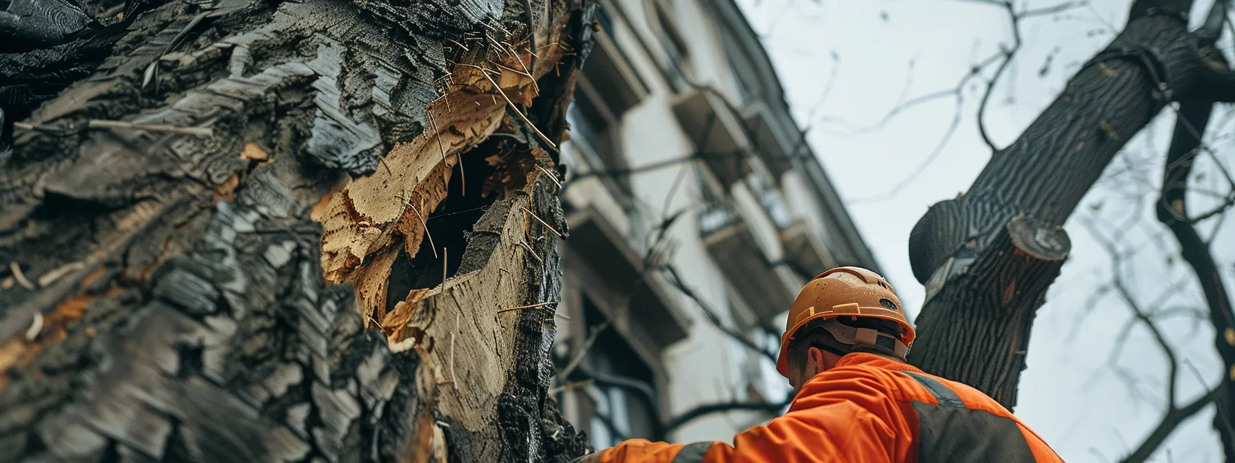 a close-up of a damaged tree trunk showing deep cracks, large cavities, and visible mushrooms, set against a stark urban background with a professional arborist assessing the tree's condition, emphasizing the need for expert intervention.