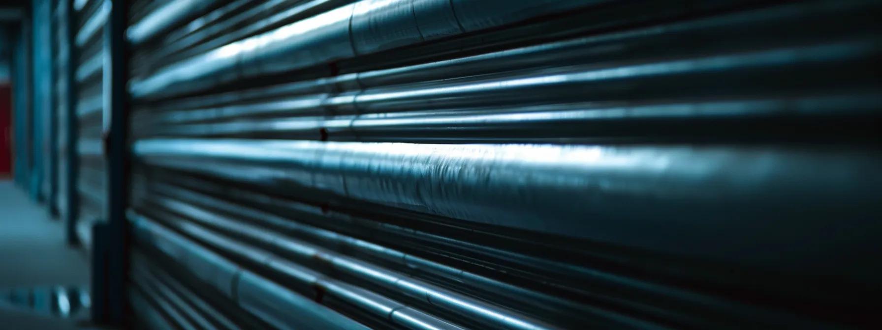 a close-up view of a metallic roll-up garage door in a dimly lit commercial garage, highlighting its intricate interlocking slats and worn components, as a technician inspects the mechanism for signs of wear and potential repairs. a close-up view of a metallic roll-up garage door in a dimly lit commercial garage, highlighting its intricate interlocking slats and worn components, as a technician inspects the mechanism for signs of wear and potential repairs.