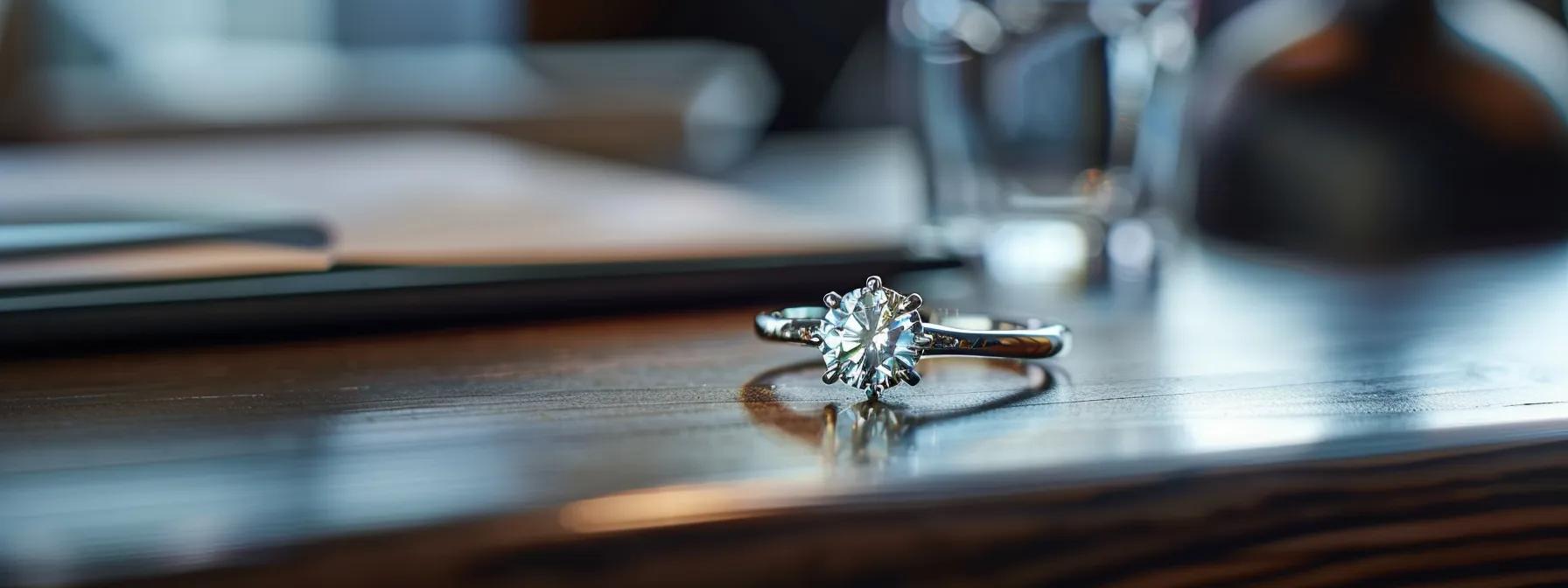 a close-up shot of a stylish, affordable men's engagement ring displayed elegantly on a sleek, modern office desk, with soft, focused lighting accentuating its unique material and design. a close-up shot of a stylish, affordable men's engagement ring displayed elegantly on a sleek, modern office desk, with soft, focused lighting accentuating its unique material and design.