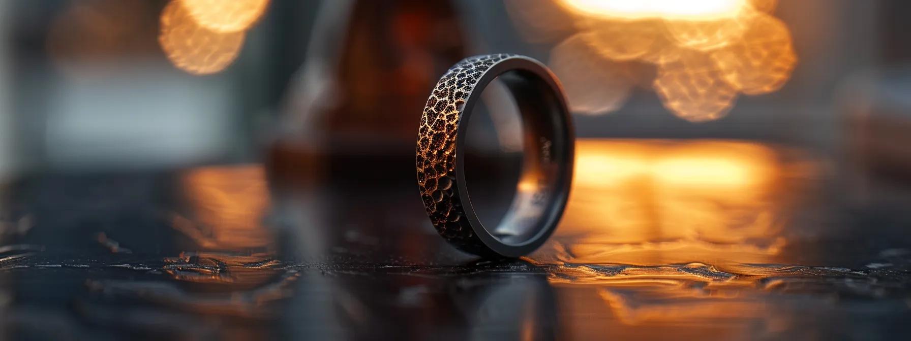 a close-up shot of a unique men's wedding band, crafted from polished dinosaur bone, showcases its intricate patterns against the sleek backdrop of a modern urban office setting, highlighting the striking contrast between ancient materials and contemporary design. a close-up shot of a unique men's wedding band, crafted from polished dinosaur bone, showcases its intricate patterns against the sleek backdrop of a modern urban office setting, highlighting the striking contrast between ancient materials and contemporary design.