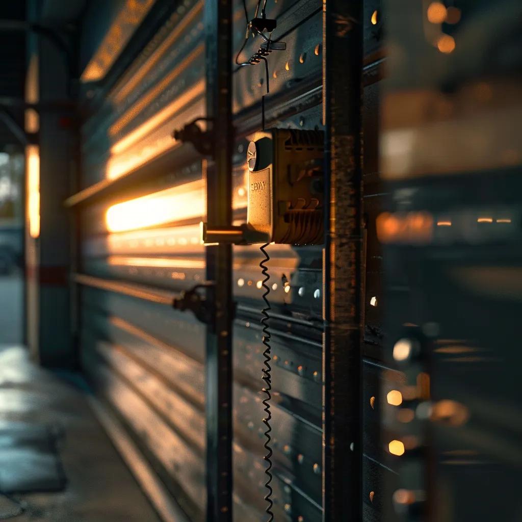 a close-up view of a modern garage door with its mechanical components exposed, highlighting worn springs and cables, set against the backdrop of a tidy residential garage room, illuminated by warm artificial lighting to emphasize the intricate details of the malfunctioning elements. a close-up view of a modern garage door with its mechanical components exposed, highlighting worn springs and cables, set against the backdrop of a tidy residential garage room, illuminated by warm artificial lighting to emphasize the intricate details of the malfunctioning elements.