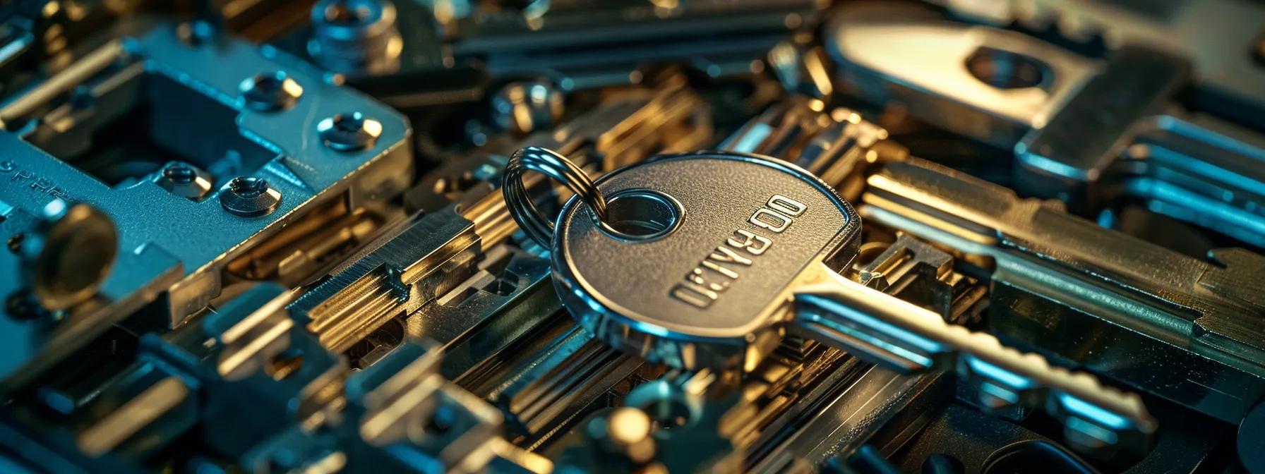 a close-up shot of a master key system installation, showcasing meticulously aligned keys and a secure lock mechanism, illuminated by soft, focused lighting to emphasize both functionality and design. a close-up shot of a master key system installation, showcasing meticulously aligned keys and a secure lock mechanism, illuminated by soft, focused lighting to emphasize both functionality and design.