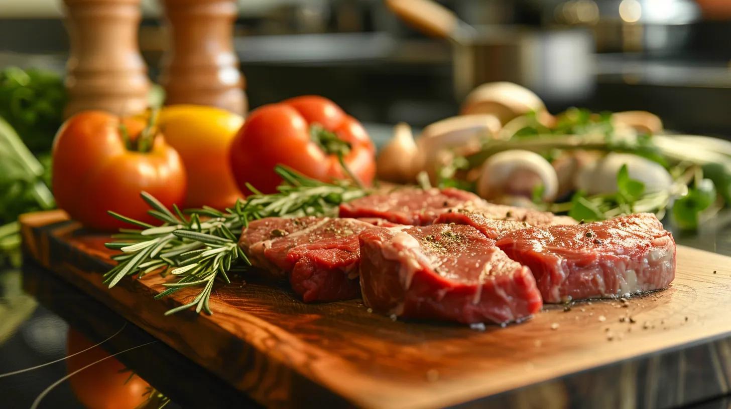 a close-up shot of a polished wooden cutting board displaying freshly sliced grass-fed beef alongside vibrant colorful ingredients, set against a modern kitchen backdrop that emphasizes its nutrient-rich attributes and culinary appeal. a close-up shot of a polished wooden cutting board displaying freshly sliced grass-fed beef alongside vibrant colorful ingredients, set against a modern kitchen backdrop that emphasizes its nutrient-rich attributes and culinary appeal.