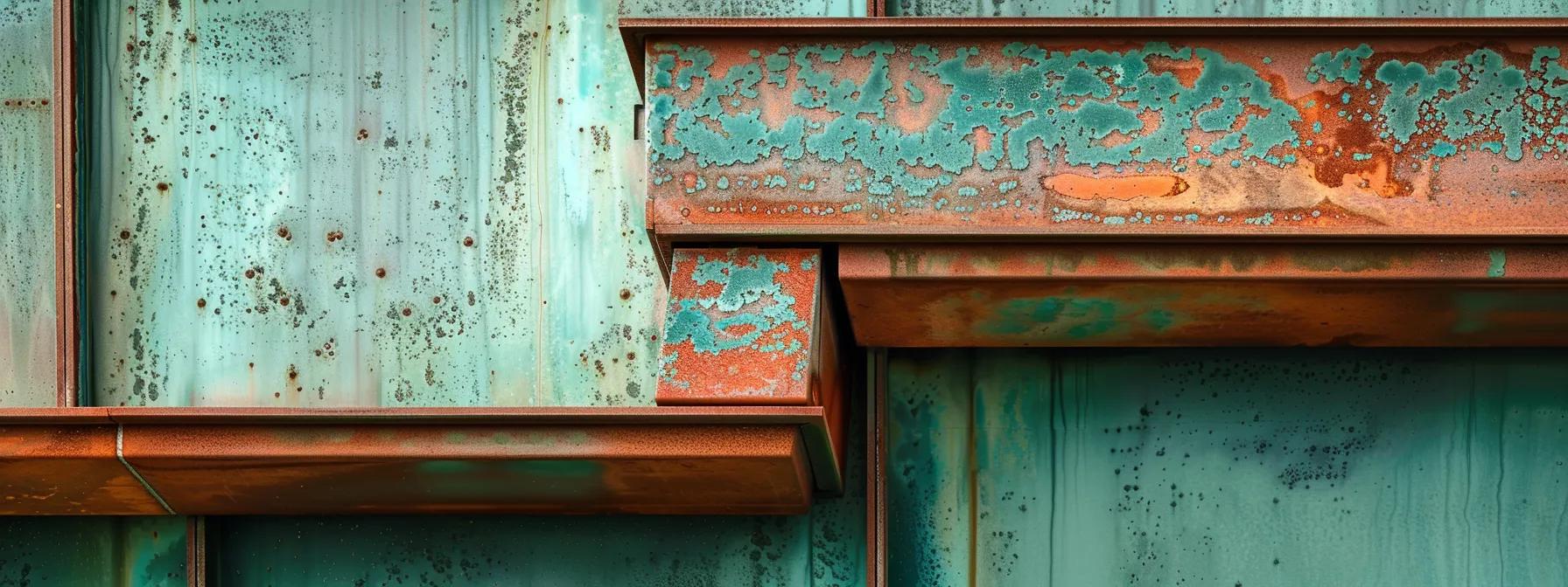 a close-up shot of weathered copper gutters, showcasing their stunning transition from shiny reddish-brown to a rich verdigris green patina, set against a sleek, modern urban architecture backdrop that highlights the unique aging process. a close-up shot of weathered copper gutters, showcasing their stunning transition from shiny reddish-brown to a rich verdigris green patina, set against a sleek, modern urban architecture backdrop that highlights the unique aging process.