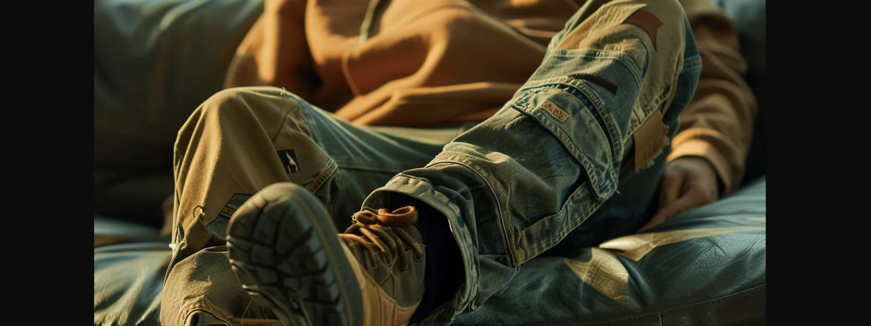 a close-up shot of a man's legs in stacked jeans, showcasing the excess fabric bunching at the ankles and paired with stylish olive hoodie and patchwork cargo pants. a close-up shot of a man's legs in stacked jeans, showcasing the excess fabric bunching at the ankles and paired with stylish olive hoodie and patchwork cargo pants.