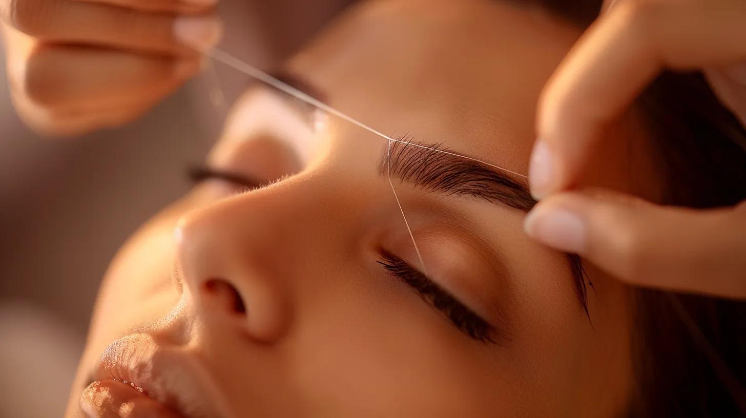 a close-up view of a serene beauty salon interior, featuring an elegantly arranged threading station with a focused aesthetician skillfully using a twisted thread to shape perfect eyebrows, highlighted by soft, ambient lighting that accentuates the precision of the technique.