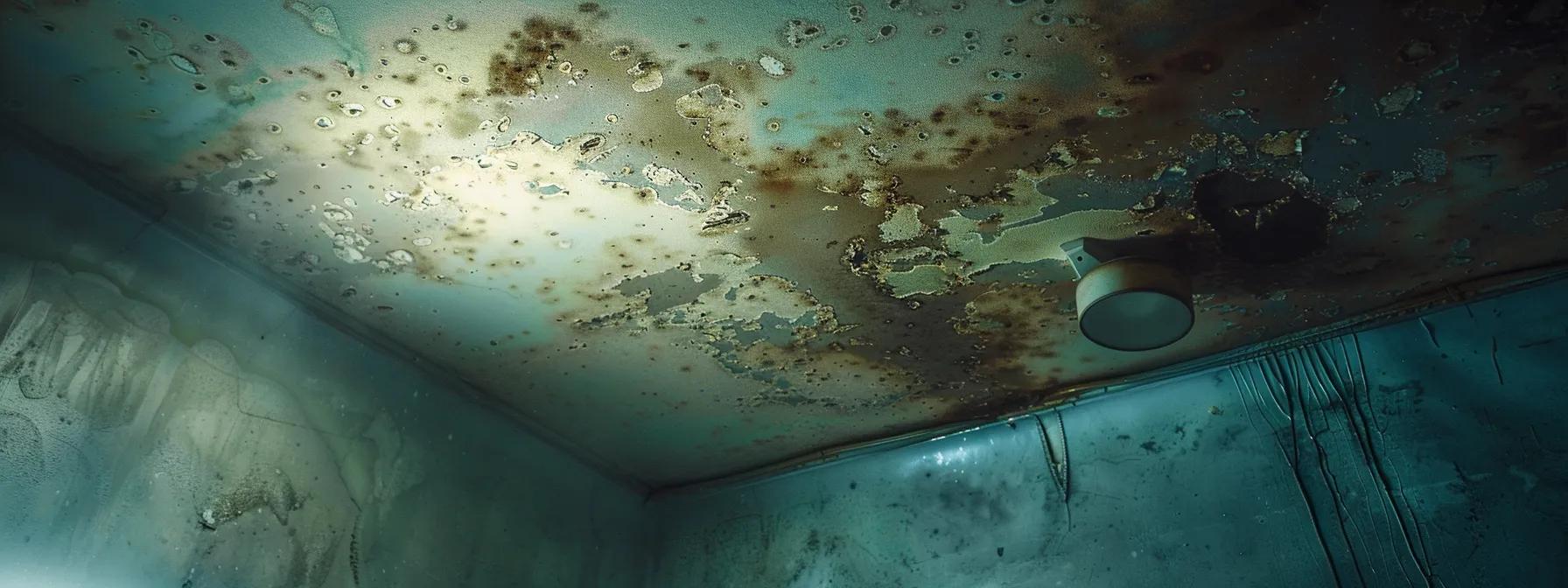 a close-up of a ceiling with prominent water stains and peeling paint, illuminated by a harsh overhead light, highlighting the urgent need for repairs in a dimly lit, urban apartment space. a close-up of a ceiling with prominent water stains and peeling paint, illuminated by a harsh overhead light, highlighting the urgent need for repairs in a dimly lit, urban apartment space.