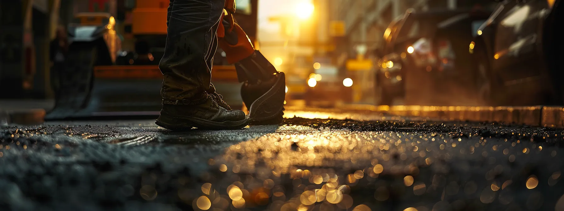 a close-up view of a construction worker applying a smooth, dark asphalt overlay onto a freshly prepared pavement in a bustling urban setting, highlighting the intricate texture and the process of quality resurfacing to enhance pavement longevity.