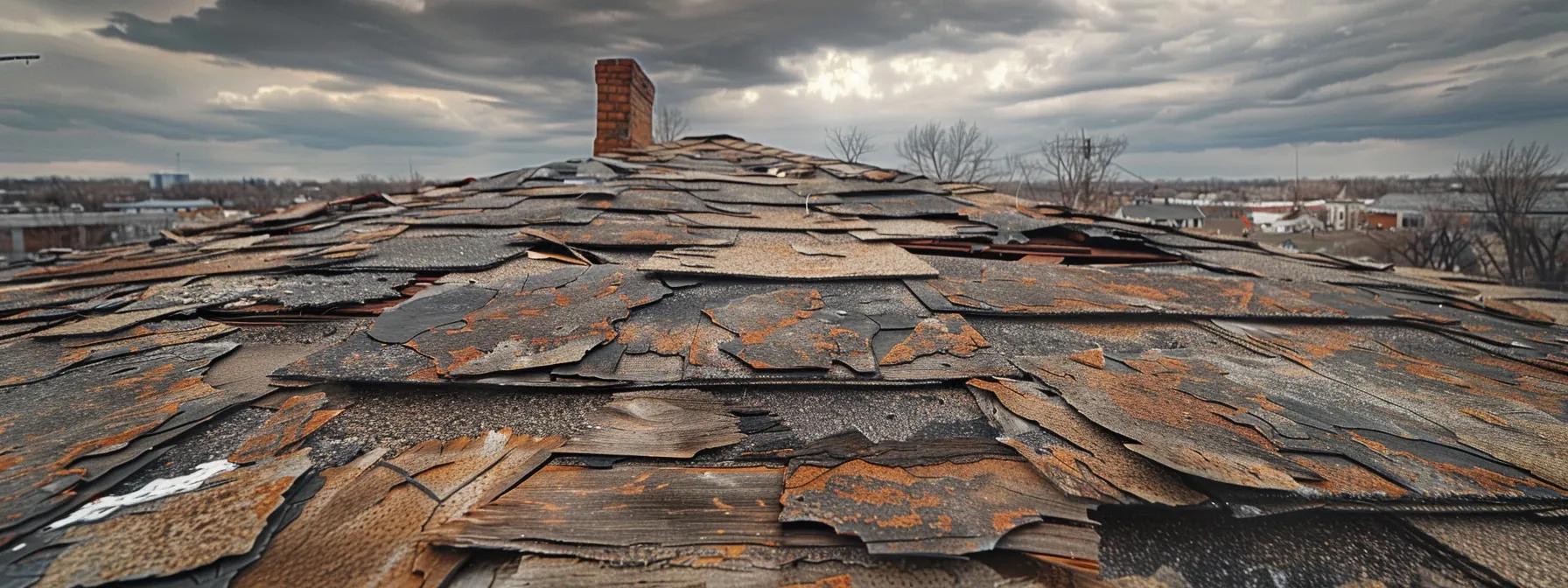 a close-up view of a rugged missouri roof showing distinct signs of weather wear, such as cracking shingles and worn flashing, set against an overcast urban skyline that hints at impending storm clouds, emphasizing the theme of weather-related damage. a close-up view of a rugged missouri roof showing distinct signs of weather wear, such as cracking shingles and worn flashing, set against an overcast urban skyline that hints at impending storm clouds, emphasizing the theme of weather-related damage.