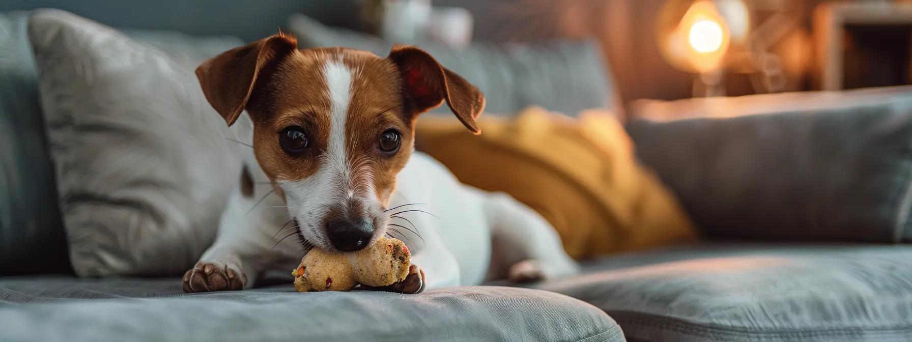 a close-up shot of a playful dog engaged with a rawhide chew in a modern, sleek living room setting, highlighting the contrast between the treat and the dog's joyful expression, emphasizing its role as both a recreational delight and a dental aid. a close-up shot of a playful dog engaged with a rawhide chew in a modern, sleek living room setting, highlighting the contrast between the treat and the dog's joyful expression, emphasizing its role as both a recreational delight and a dental aid.