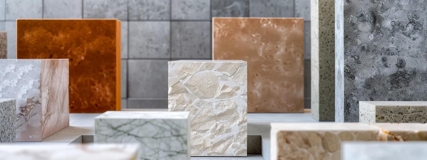 a close-up view of an architecturally sleek, modern office with a detailed display of various textured retaining wall blocks arranged in smart mock-settings, showcasing their unique shapes and colors under bright, focused studio lighting.