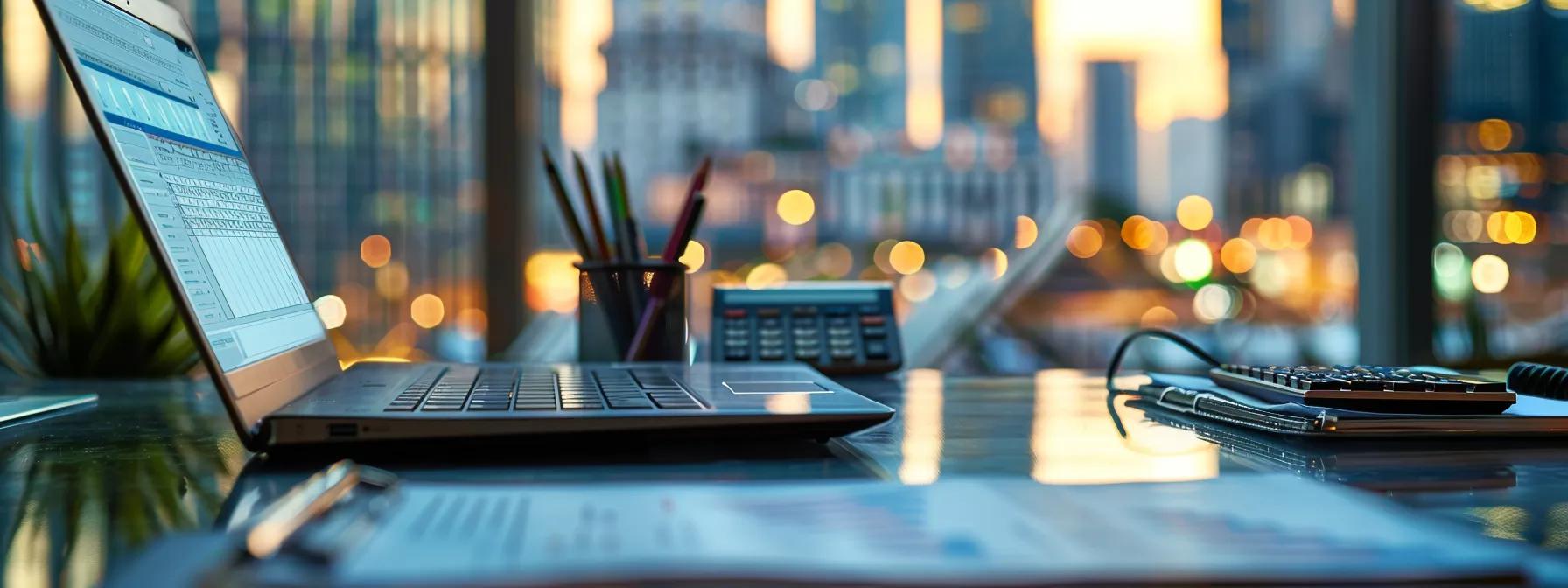 a close-up view of a modern office desk featuring a sleek laptop open to a financial spreadsheet, surrounded by a digital calculator and notepad, with a blurred backdrop of a bustling urban skyline, capturing the serious contemplation of mortgage implications.