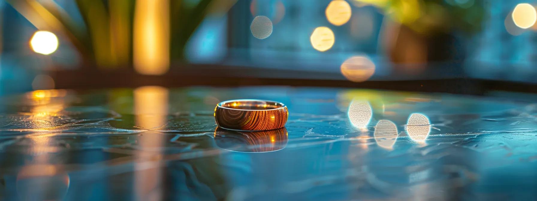 a close-up shot of a striking modern men’s wedding band crafted from exotic wood, showcased against a sleek urban office background, highlighting the unique grain patterns and deep varnish finish that embody both elegance and individuality. a close-up shot of a striking modern men’s wedding band crafted from exotic wood, showcased against a sleek urban office background, highlighting the unique grain patterns and deep varnish finish that embody both elegance and individuality.
