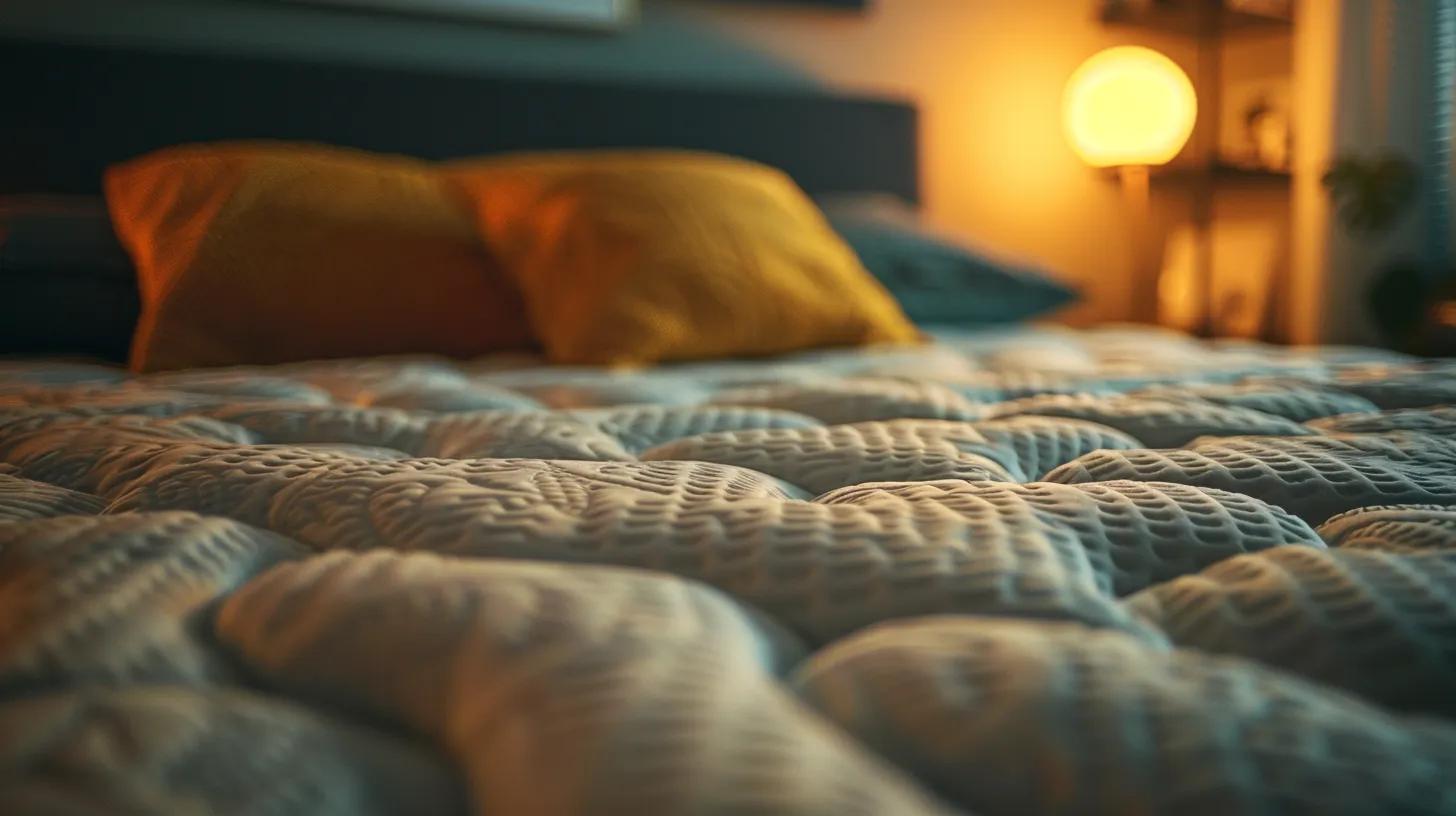 a close-up of a sagging mattress on a modern bedroom setting, showcasing prominent indentations and wrinkles, illuminated by soft, warm indoor lighting that emphasizes the urgency for an upgrade. a close-up of a sagging mattress on a modern bedroom setting, showcasing prominent indentations and wrinkles, illuminated by soft, warm indoor lighting that emphasizes the urgency for an upgrade.
