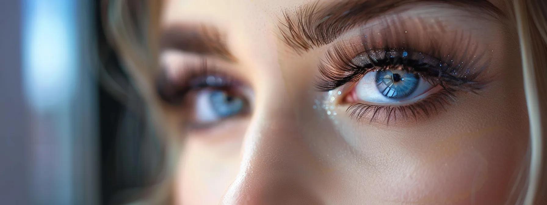 a close-up shot of a glamorous model showcasing captivating eyelash extensions in a chic, modern beauty salon, with elegant lighting highlighting her striking eyes and the luxurious texture of the lashes.