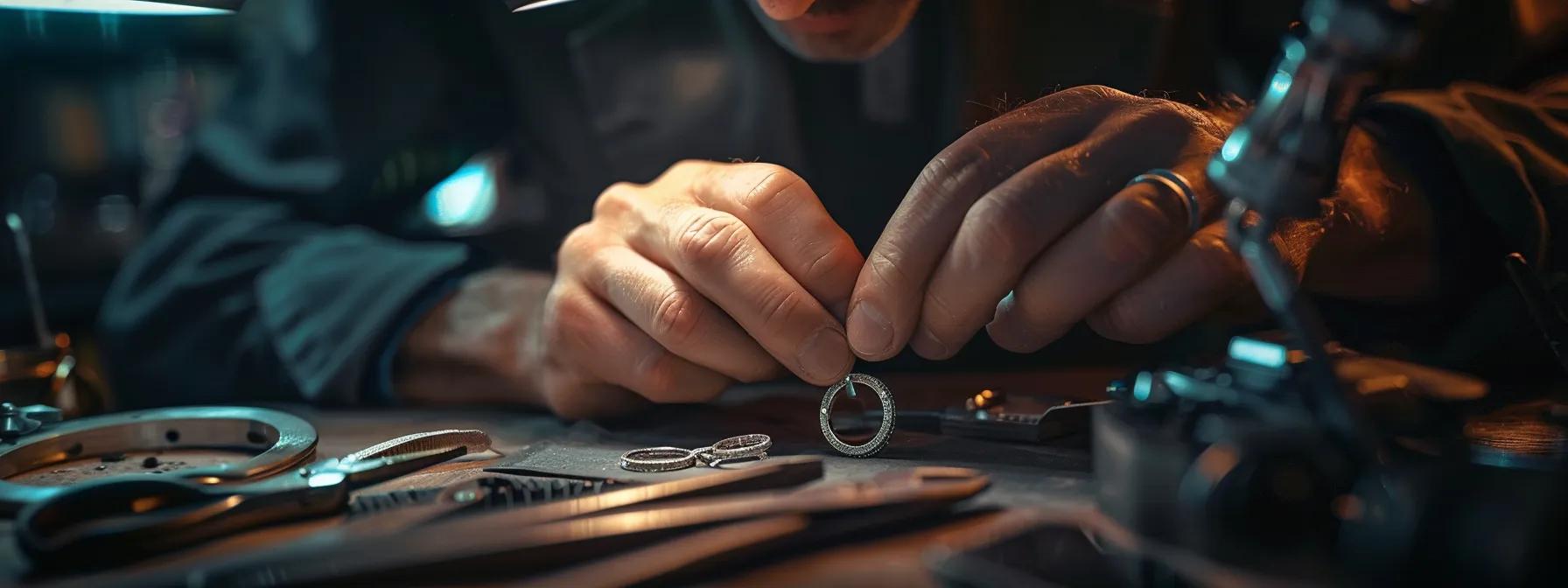 a close-up of a sleek, modern jewelry workshop showcases a skilled craftsman meticulously adjusting a delicately designed wedding band, surrounded by precision tools and subtle lighting that emphasizes the artistry of customization. a close-up of a sleek, modern jewelry workshop showcases a skilled craftsman meticulously adjusting a delicately designed wedding band, surrounded by precision tools and subtle lighting that emphasizes the artistry of customization.