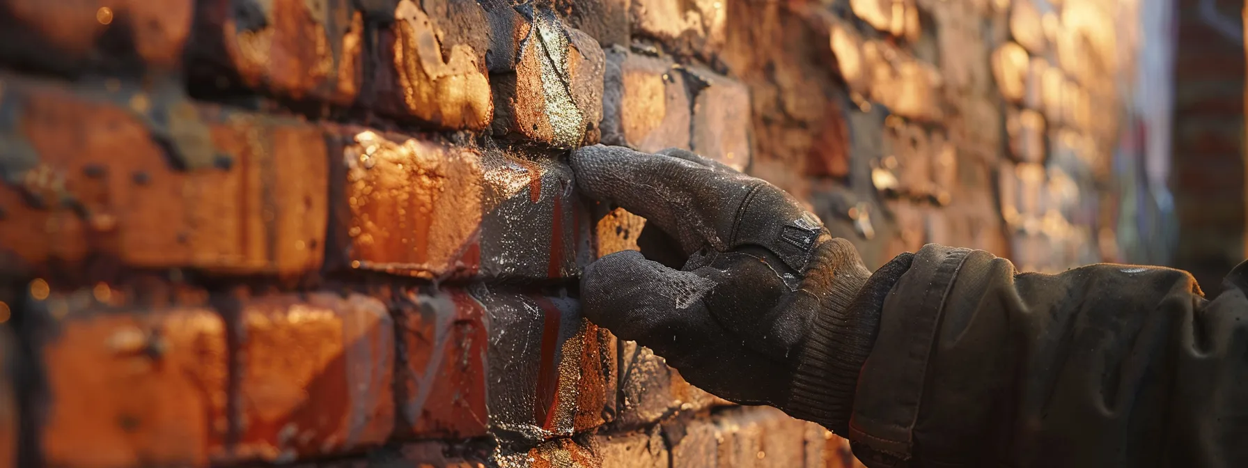 a close-up photo of a skilled worker applying a protective waterproof sealant to a brick wall, highlighting the meticulous attention to detail and quality craftsmanship involved in preventative maintenance.
