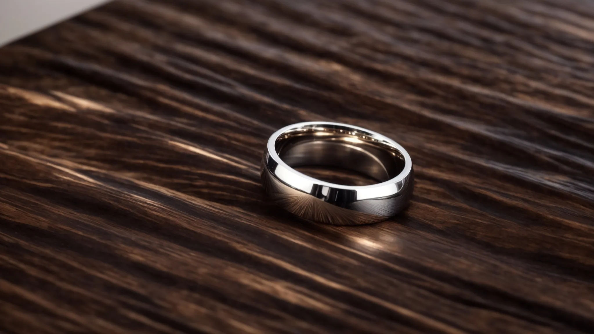 a close-up display of gleaming sterling silver and polished stainless steel rings on a sleek dark wood surface, emphasizing their distinct luster and finish under soft, focused lighting.