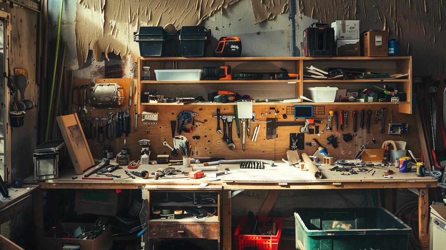 a cluttered home improvement workspace showcases a half-finished diy renovation project, with tools scattered on a wooden table and an unfinished wall, emphasizing the contrast between the ambitious goals of the project and the chaos of inexperience. a cluttered home improvement workspace showcases a half-finished diy renovation project, with tools scattered on a wooden table and an unfinished wall, emphasizing the contrast between the ambitious goals of the project and the chaos of inexperience.