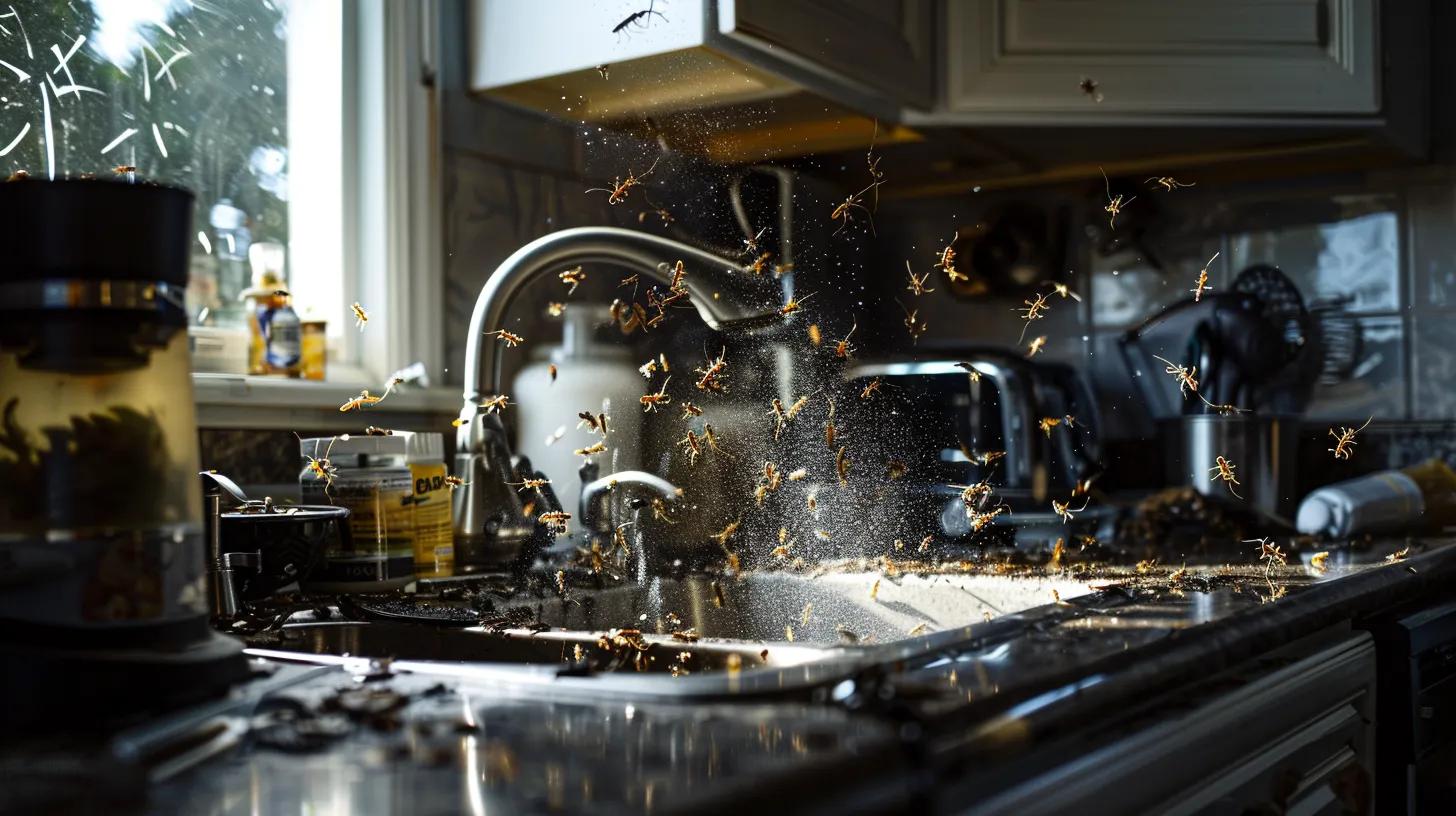 a cluttered, modern kitchen in a west palm beach home, spotlighting an ominous swarm of cockroaches emerging from beneath the sink, conveying the urgency of pest control in the humid environment. a cluttered, modern kitchen in a west palm beach home, spotlighting an ominous swarm of cockroaches emerging from beneath the sink, conveying the urgency of pest control in the humid environment.