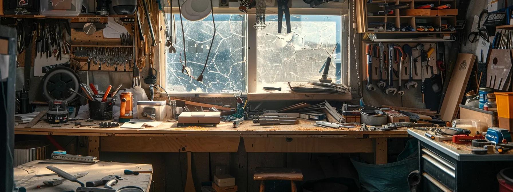 a cluttered workshop interior features an array of gutter maintenance tools and supplies scattered across a workbench, highlighting the chaotic reality of hidden and ongoing expenses associated with diy gutter care. a cluttered workshop interior features an array of gutter maintenance tools and supplies scattered across a workbench, highlighting the chaotic reality of hidden and ongoing expenses associated with diy gutter care.