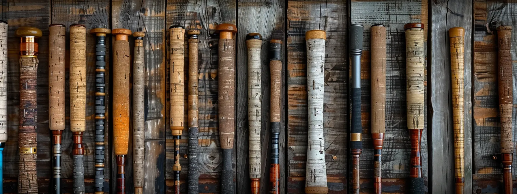 a collection of fishing rods made from fiberglass, graphite, composite, and bamboo, each uniquely displayed against a rustic wooden background. a collection of fishing rods made from fiberglass, graphite, composite, and bamboo, each uniquely displayed against a rustic wooden background.