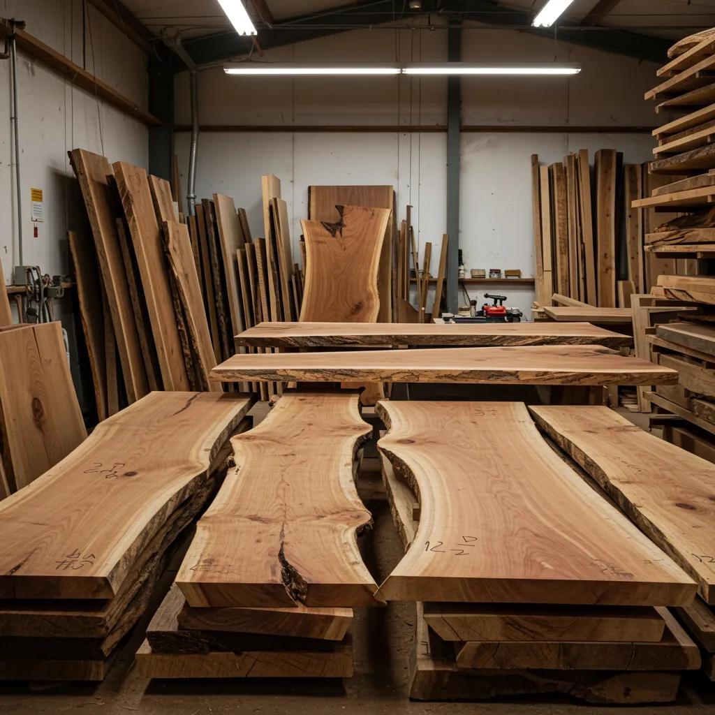 A curated selection of local wood slabs and lumber, showcasing the beauty of reclaimed wood and live edge designs within a workshop setting