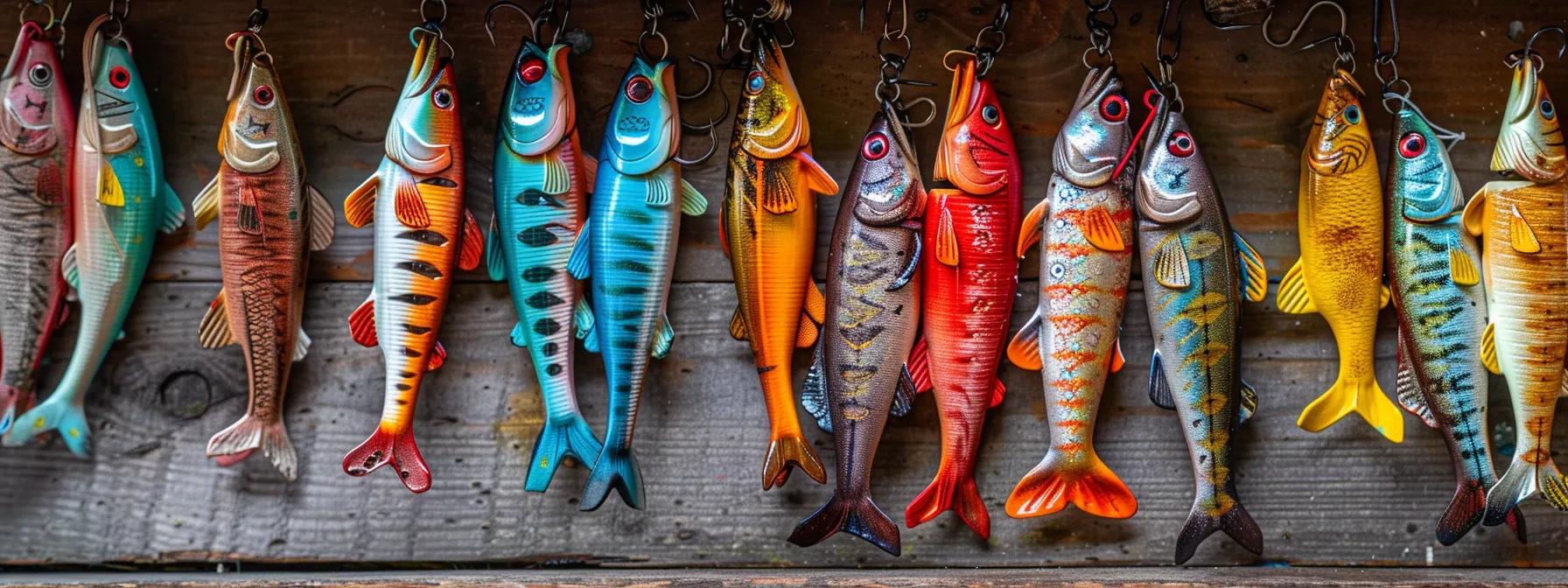 colorful array of live bait, fishing lures, and homemade options displayed on a rustic wooden table. colorful array of live bait, fishing lures, and homemade options displayed on a rustic wooden table.