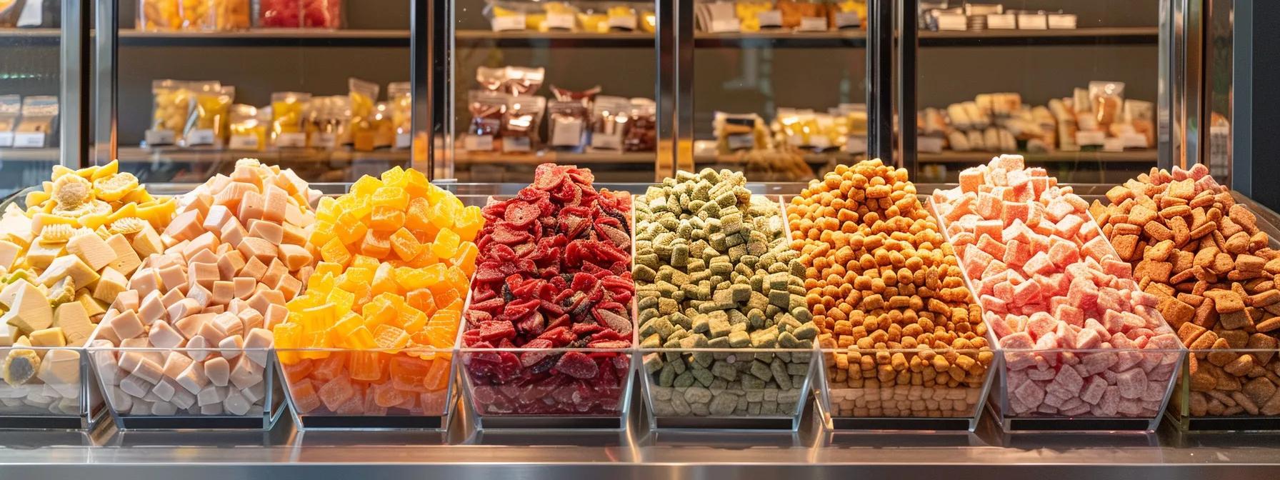 a colorful display of assorted freeze-dried treats tailored for small and toy dog breeds, showcasing bite-sized pieces of chicken and liver arranged artistically on a sleek, modern countertop in a well-lit, upscale pet boutique setting. a colorful display of assorted freeze-dried treats tailored for small and toy dog breeds, showcasing bite-sized pieces of chicken and liver arranged artistically on a sleek, modern countertop in a well-lit, upscale pet boutique setting.