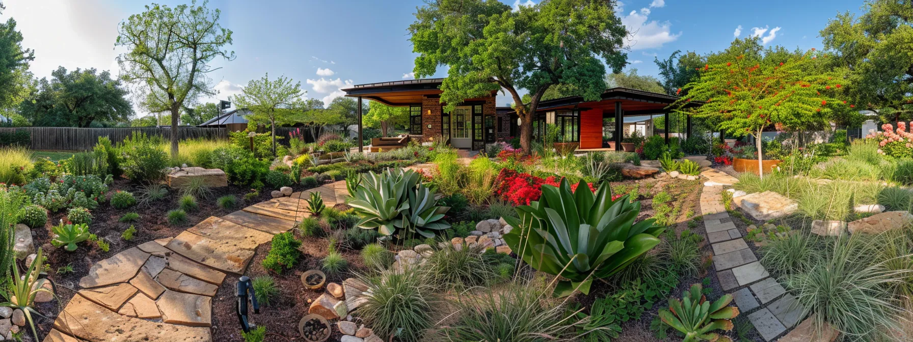a colorful garden filled with native drought-resistant plants, with a rainwater harvesting system and eco-friendly permeable pavers creating a sustainable landscape for an austin property. a colorful garden filled with native drought-resistant plants, with a rainwater harvesting system and eco-friendly permeable pavers creating a sustainable landscape for an austin property.