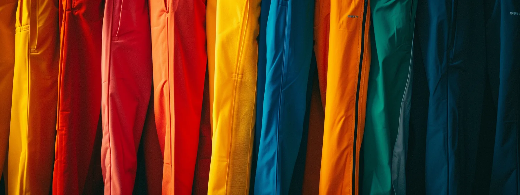 a colorfully stacked joggers neatly displayed in a row, showcasing different fits and lengths suited for various body types. a colorfully stacked joggers neatly displayed in a row, showcasing different fits and lengths suited for various body types.