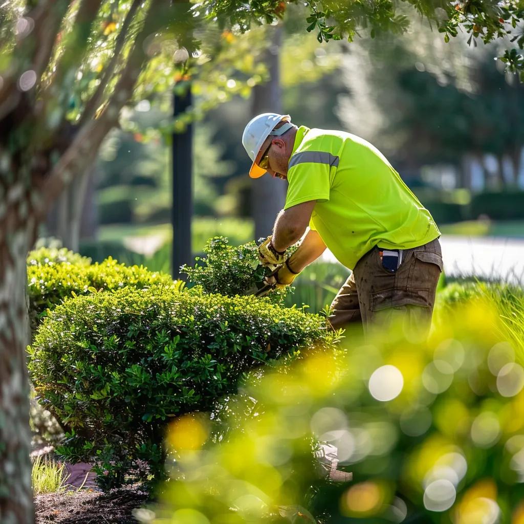 Arborists performing preventative maintenance on commercial trees in a landscaped area Arborists performing preventative maintenance on commercial trees in a landscaped area