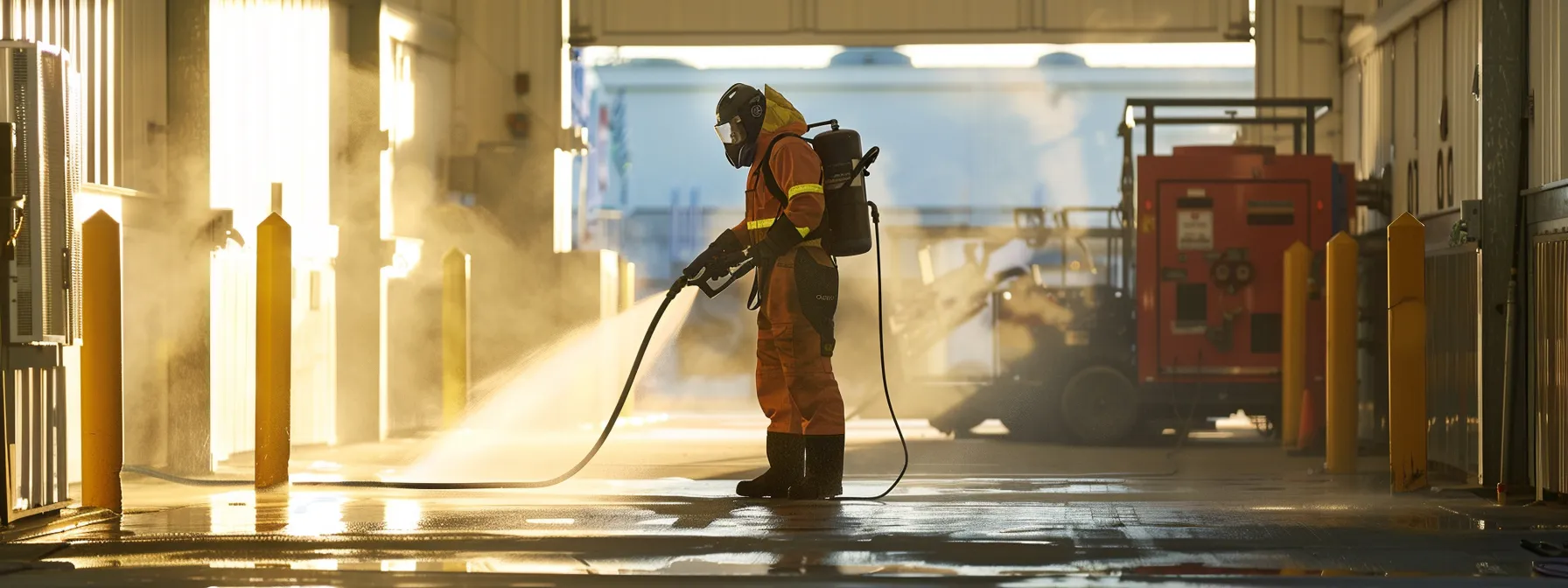 a commercial pressure washer operator wearing protective gear while safely using equipment, surrounded by clear signage of osha regulations. a commercial pressure washer operator wearing protective gear while safely using equipment, surrounded by clear signage of osha regulations.