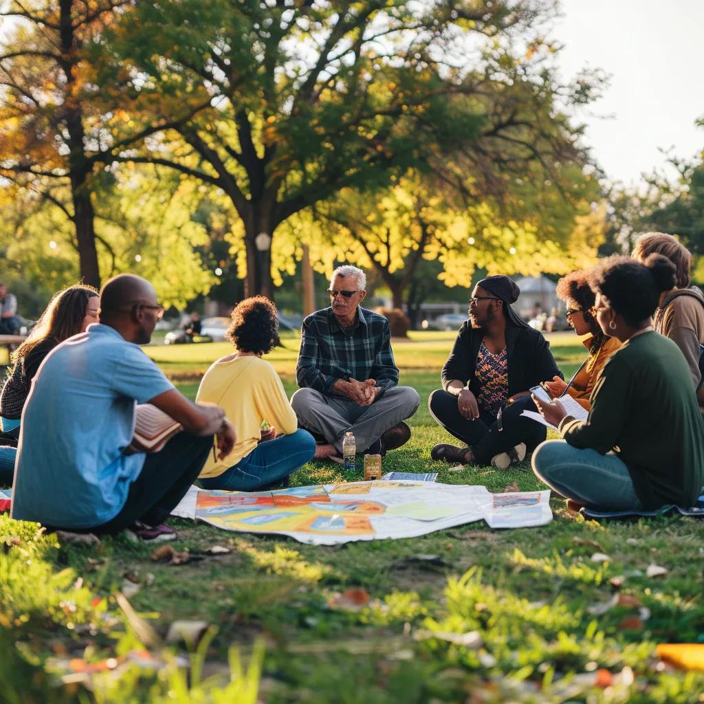 Residents discussing community resilience and disaster preparedness in a local park
