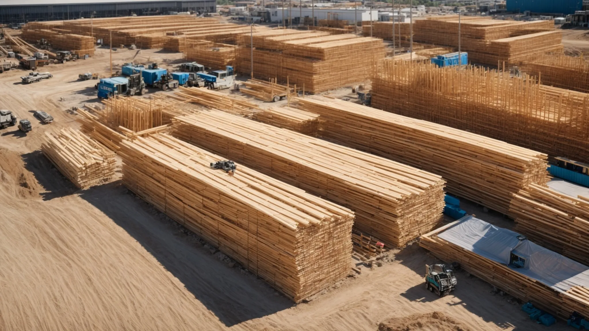 a compelling construction site showcases a meticulously organized project in progress, highlighting vibrant stacks of lumber and efficient workflow dynamics, all under a bright blue sky radiating confidence and accountability in budget management. a compelling construction site showcases a meticulously organized project in progress, highlighting vibrant stacks of lumber and efficient workflow dynamics, all under a bright blue sky radiating confidence and accountability in budget management.