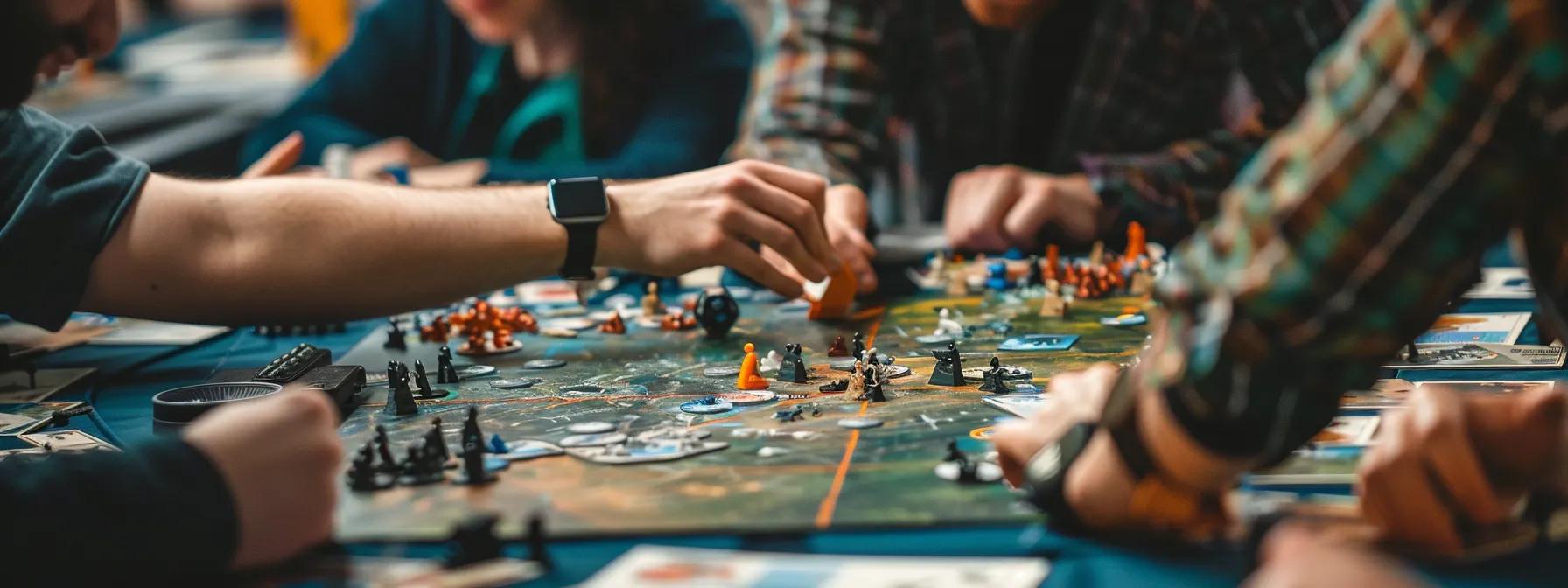 a competitive tabletop gaming tournament setting features intense players strategizing over game boards, flanked by neatly organized player aid sheets that comply with official rules, emphasizing fairness and structured play. a competitive tabletop gaming tournament setting features intense players strategizing over game boards, flanked by neatly organized player aid sheets that comply with official rules, emphasizing fairness and structured play.