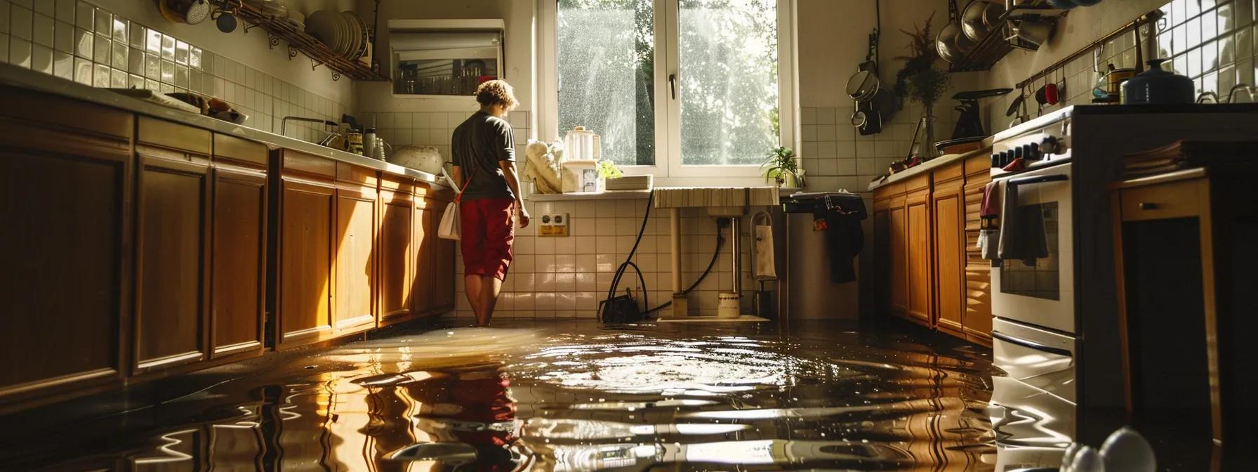a concerned homeowner inspects a flooded kitchen, highlighting the urgent need for safety measures with visible makeshift barriers, a shut-off valve prominently displayed, and essential plumbing tools at the ready under harsh artificial lighting. a concerned homeowner inspects a flooded kitchen, highlighting the urgent need for safety measures with visible makeshift barriers, a shut-off valve prominently displayed, and essential plumbing tools at the ready under harsh artificial lighting.