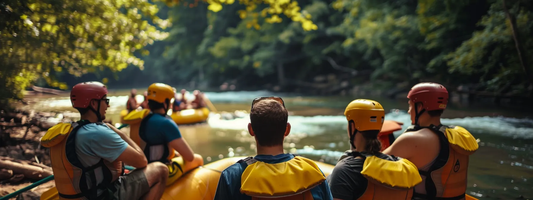 a confident beginner rafters' group attentively listens to a safety briefing beside a vibrant inflatable raft, set against the backdrop of a bustling outdoor adventure center in tennessee.
