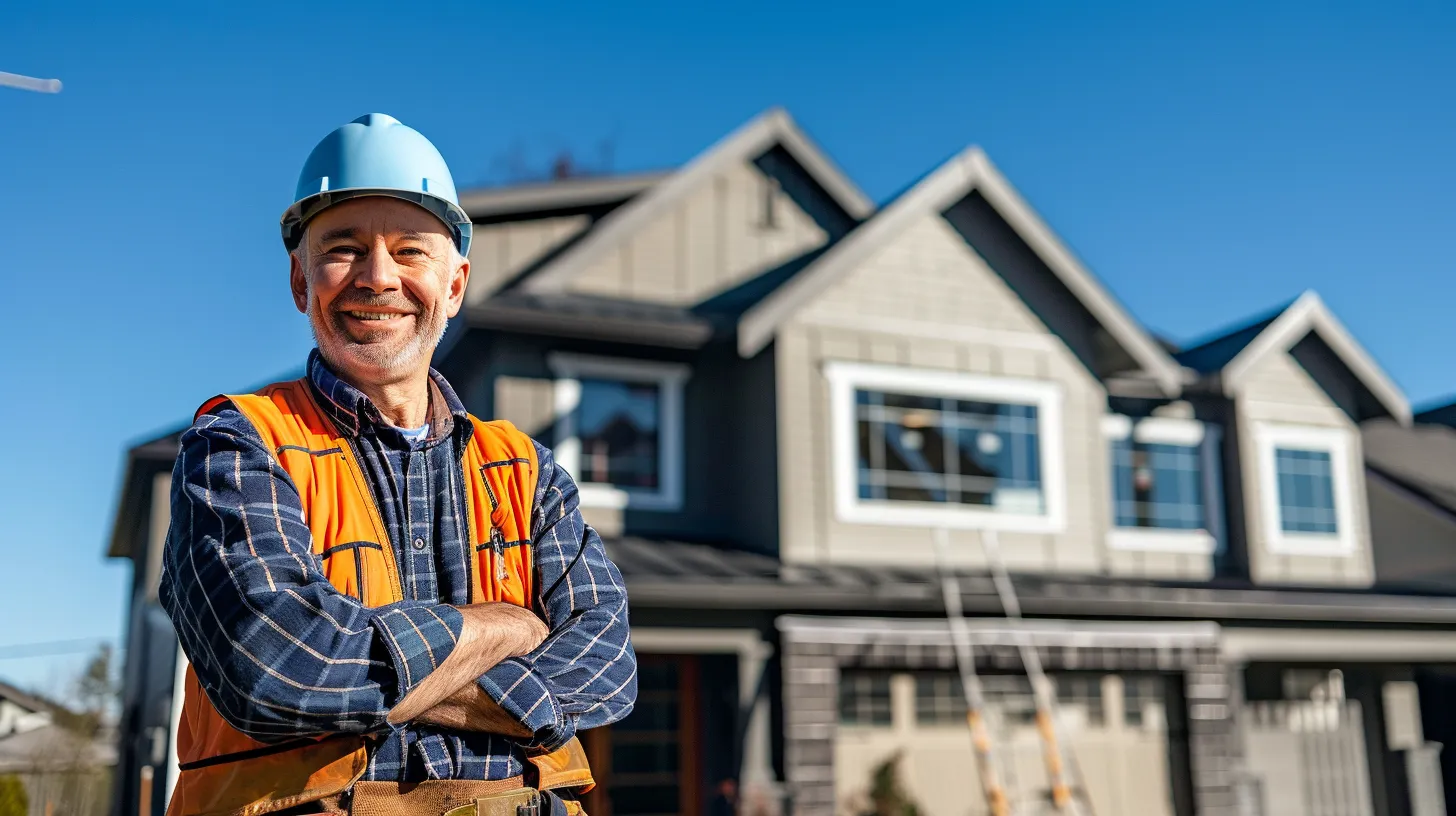 a confident builder stands in front of a newly constructed, modern home, exuding professionalism and trust, with a clear blue sky above and sunlight illuminating the sturdy craftsmanship that symbolizes financial stability and reliability. a confident builder stands in front of a newly constructed, modern home, exuding professionalism and trust, with a clear blue sky above and sunlight illuminating the sturdy craftsmanship that symbolizes financial stability and reliability.