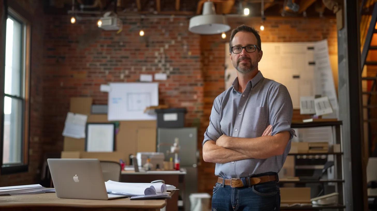 a confident contractor stands in a bustling knoxville office, surrounded by building plans and a laptop displaying local codes, reflecting the city's unique blend of historic architecture and modern construction trends.