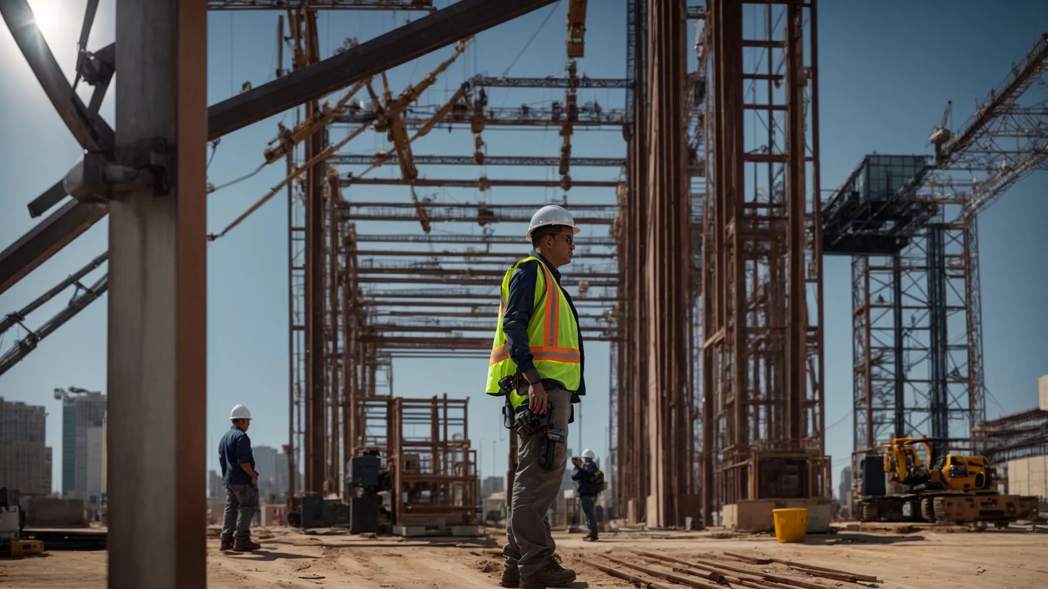 a confident general contractor inspects a bustling construction site, surrounded by towering steel structures and bustling workers, under a clear blue sky showcasing teamwork and project management in action. a confident general contractor inspects a bustling construction site, surrounded by towering steel structures and bustling workers, under a clear blue sky showcasing teamwork and project management in action.