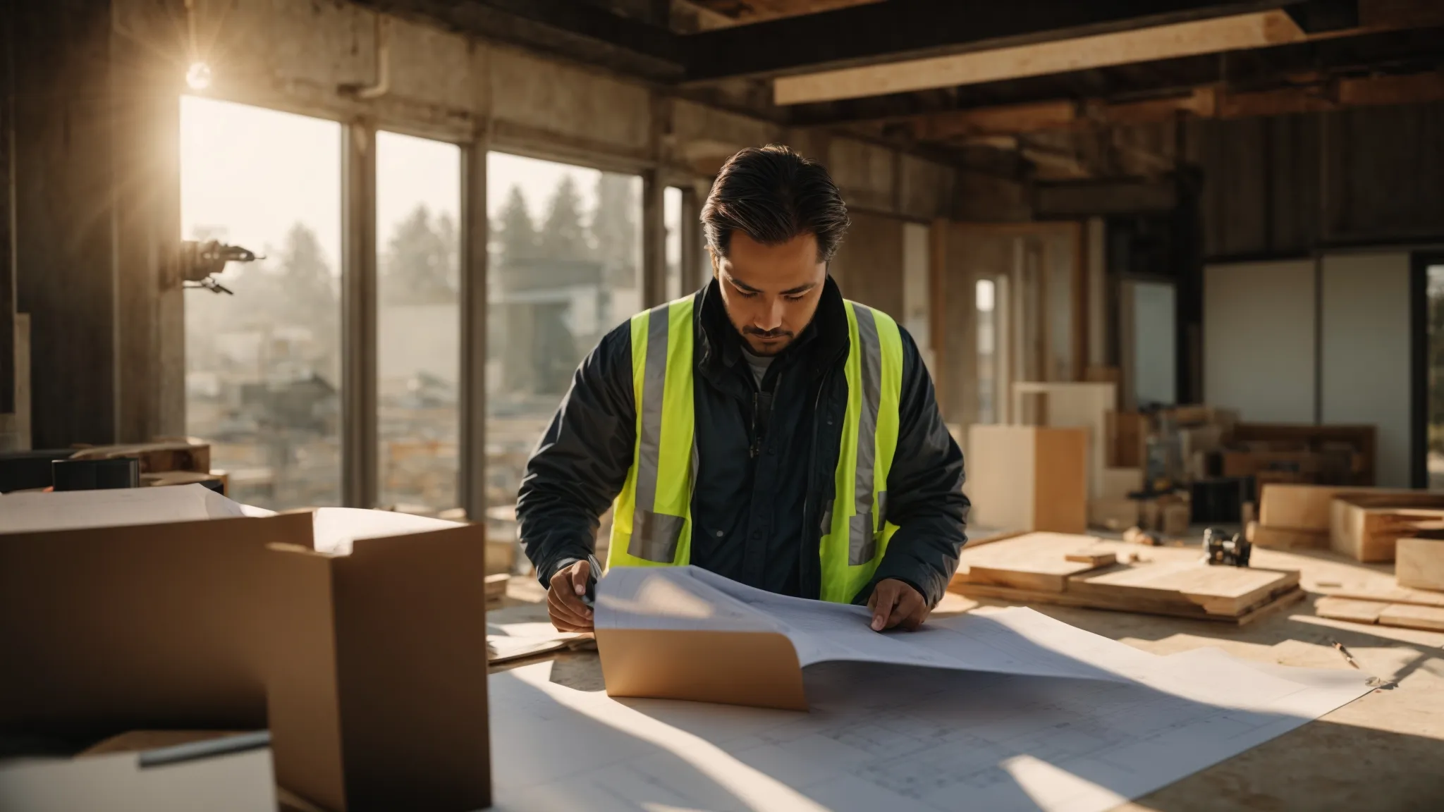 a confident general contractor reviews blueprints under soft afternoon light, surrounded by tools and materials, embodying professionalism and dedication within oregon's construction landscape. a confident general contractor reviews blueprints under soft afternoon light, surrounded by tools and materials, embodying professionalism and dedication within oregon's construction landscape.