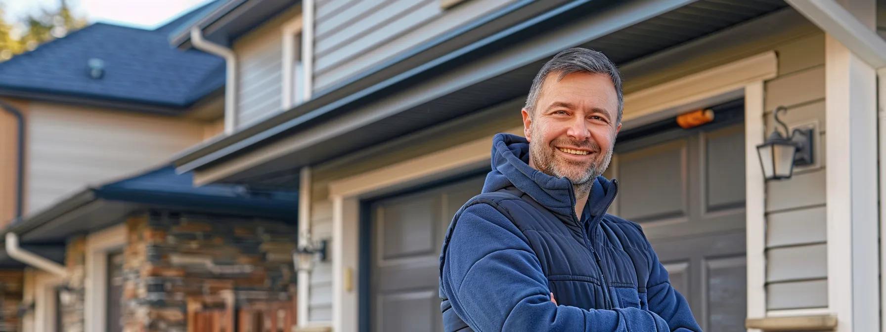 a confident homeowner stands proudly in front of their freshly installed gutters on a modern suburban home, showcasing the professional craftsmanship and detailing of the installation process under bright, clear lighting that emphasizes the quality and durability of the materials used. a confident homeowner stands proudly in front of their freshly installed gutters on a modern suburban home, showcasing the professional craftsmanship and detailing of the installation process under bright, clear lighting that emphasizes the quality and durability of the materials used.